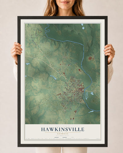 Hawkinsville, Georgia map print, 24" x 36" W/ Black Ayous Wood Frame mockup