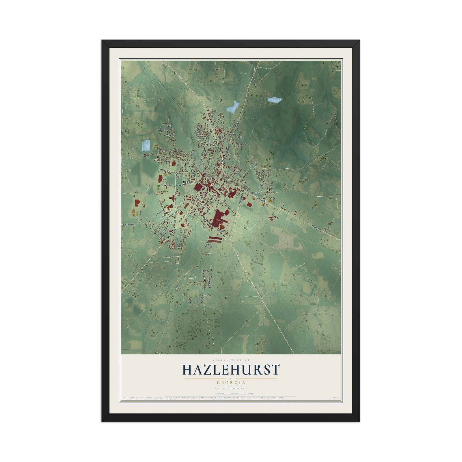 Hazlehurst, Georgia map print, 12" x 18" W/ Black Ayous Wood Frame mockup