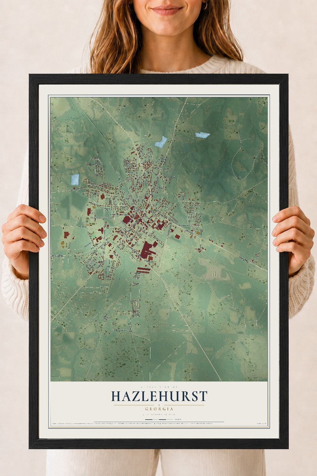 Hazlehurst, Georgia map print, 18" x 24" W/ Black Ayous Wood Frame mockup