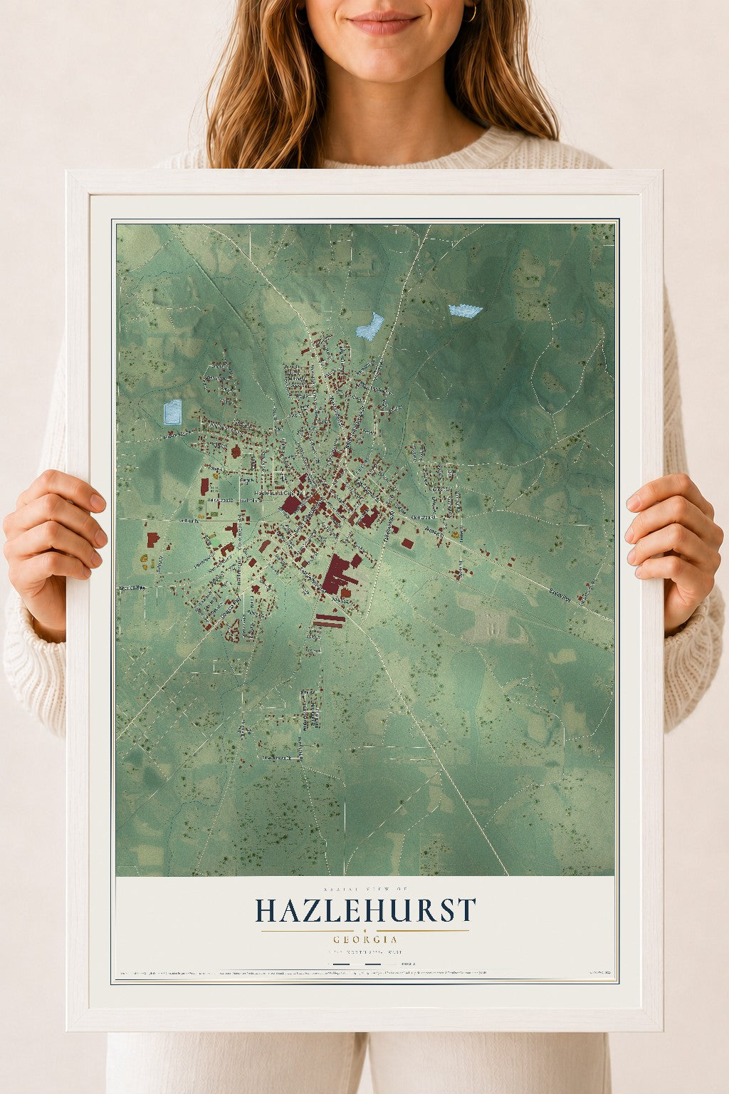 Hazlehurst, Georgia map print, 18" x 24" W/ White Ayous Wood Frame mockup