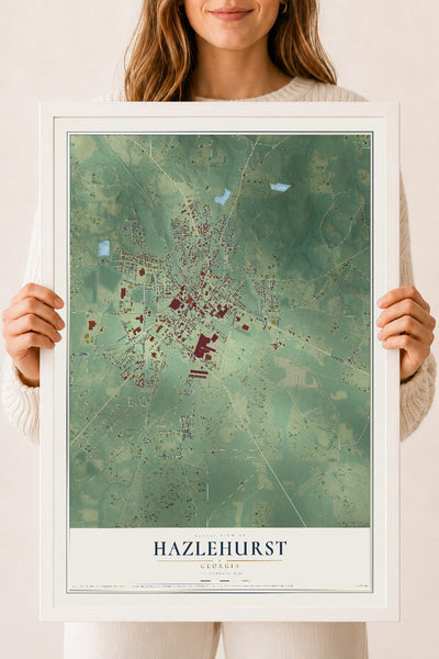 Hazlehurst, Georgia map print, 18" x 24" W/ White Ayous Wood Frame mockup