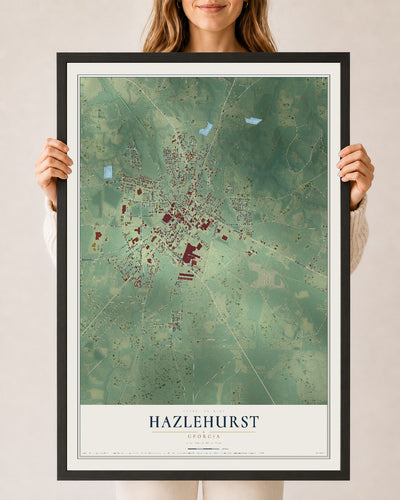 Hazlehurst, Georgia map print, 24" x 36" W/ Black Ayous Wood Frame mockup