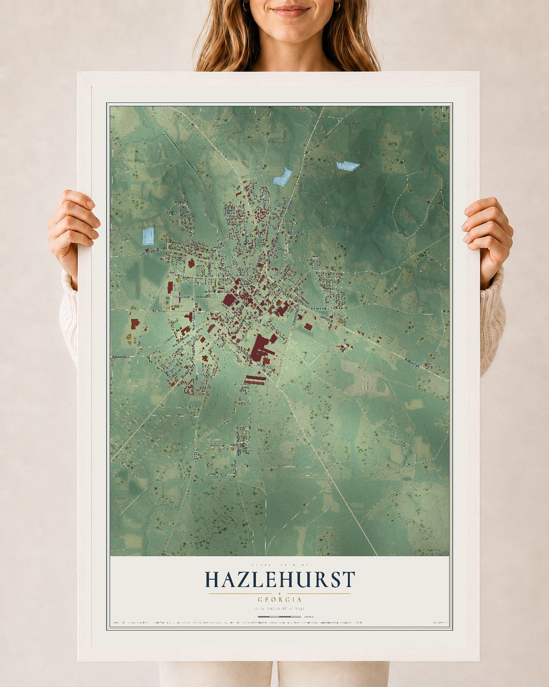 Hazlehurst, Georgia map print, 24" x 36" W/ White Ayous Wood Frame mockup