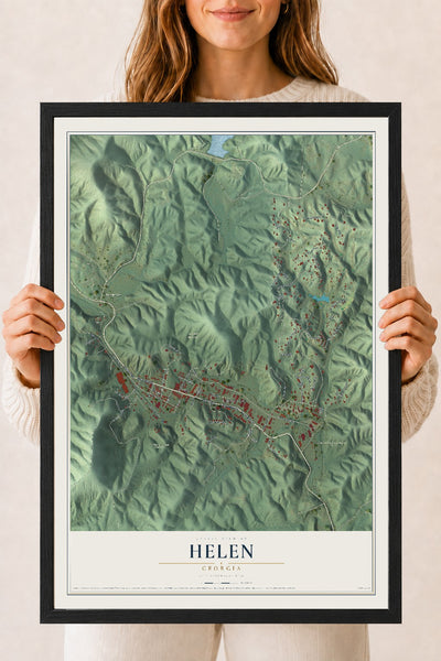 Helen, Georgia map print, 18" x 24" W/ Black Ayous Wood Frame mockup