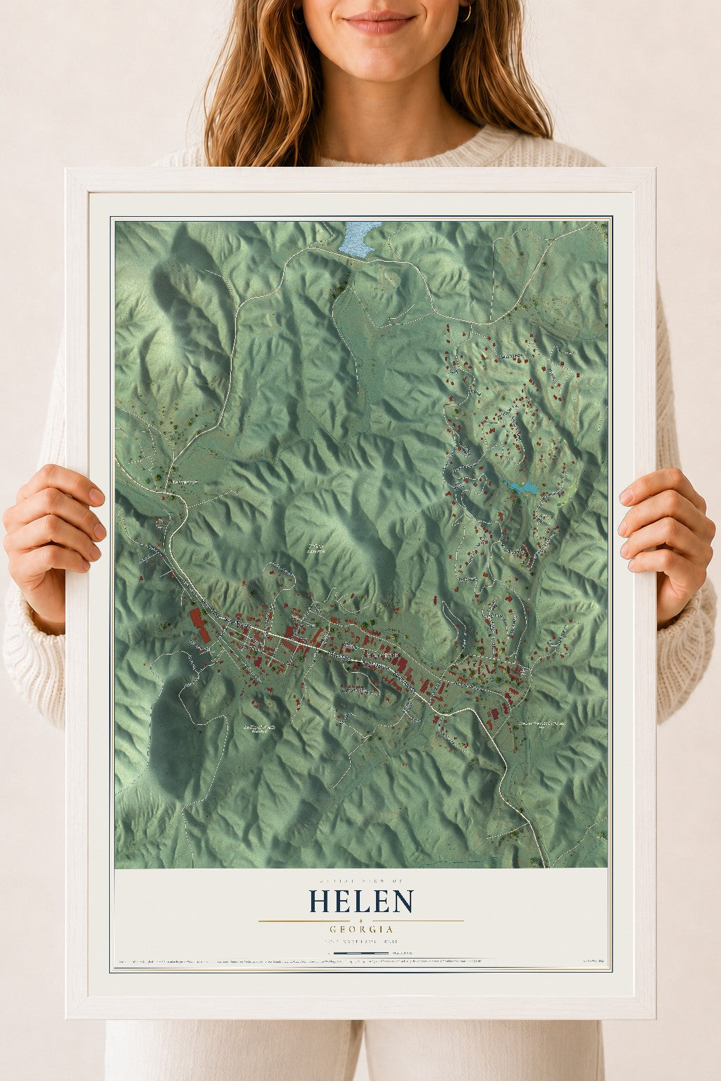 Helen, Georgia map print, 18" x 24" W/ White Ayous Wood Frame mockup