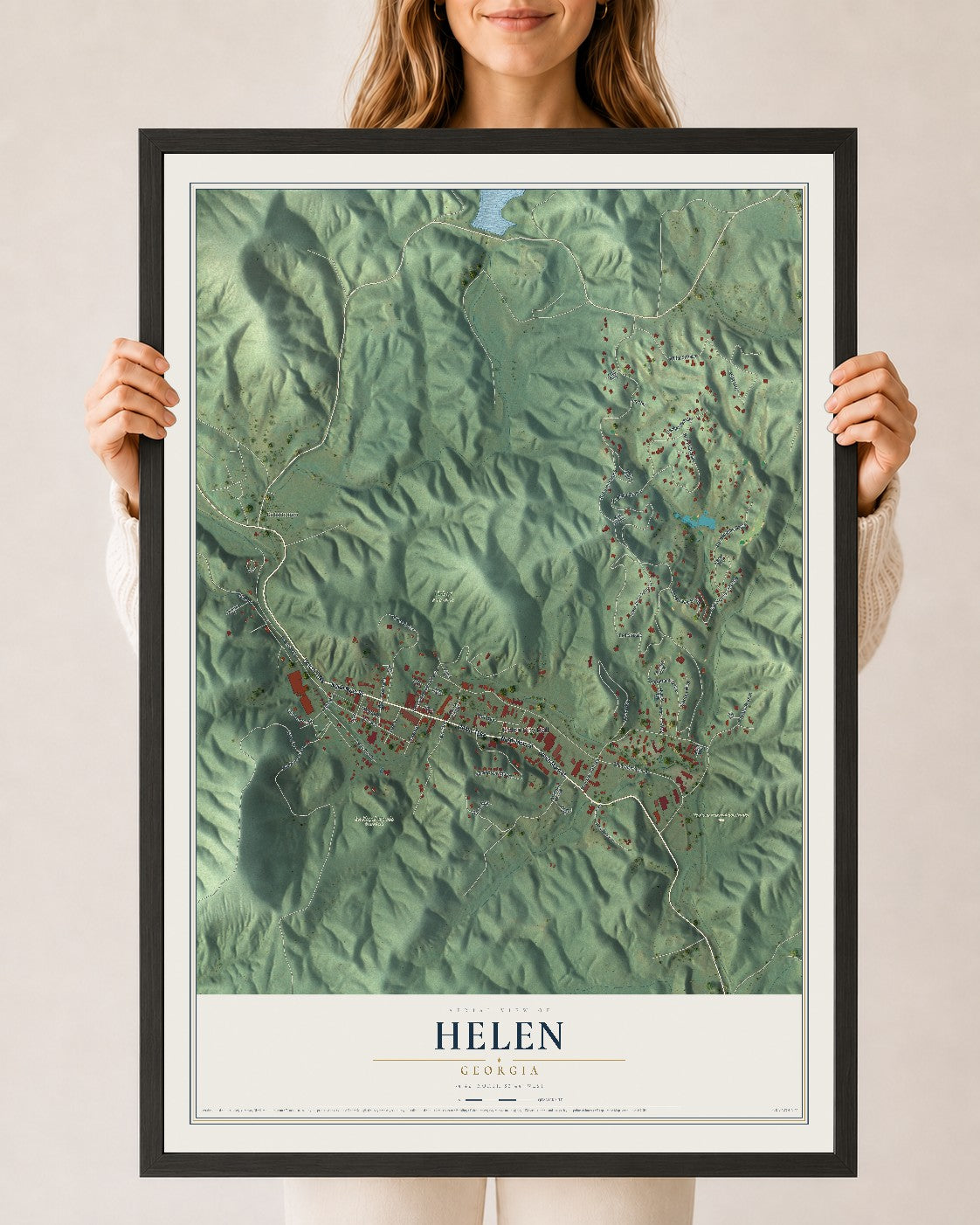 Helen, Georgia map print, 24" x 36" W/ Black Ayous Wood Frame mockup