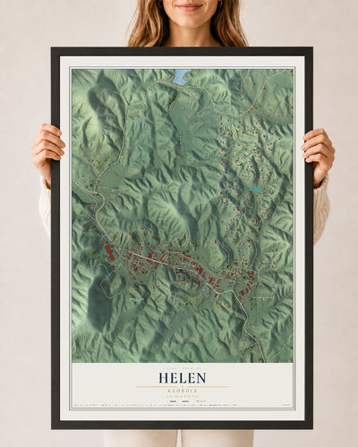 Helen, Georgia map print, 24" x 36" W/ Black Ayous Wood Frame mockup