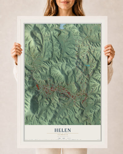 Helen, Georgia map print, 24" x 36" W/ White Ayous Wood Frame mockup