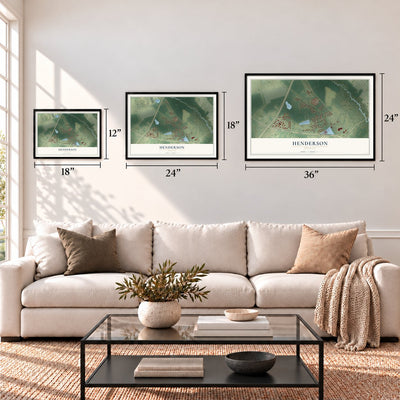 Henderson, Georgia map in 12 x 18, 18 x 24 and 24 x 36 inch sizes above a sofa