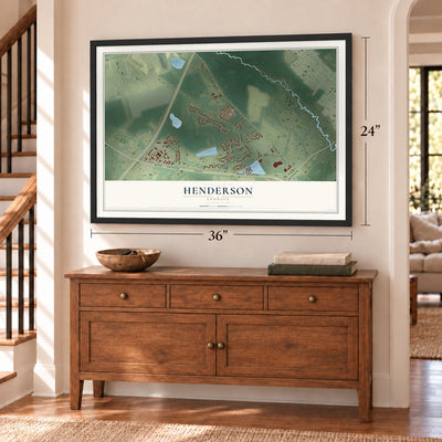Henderson, Georgia map, 24 x 36 inch print in a black frame above a dresser by a staircase