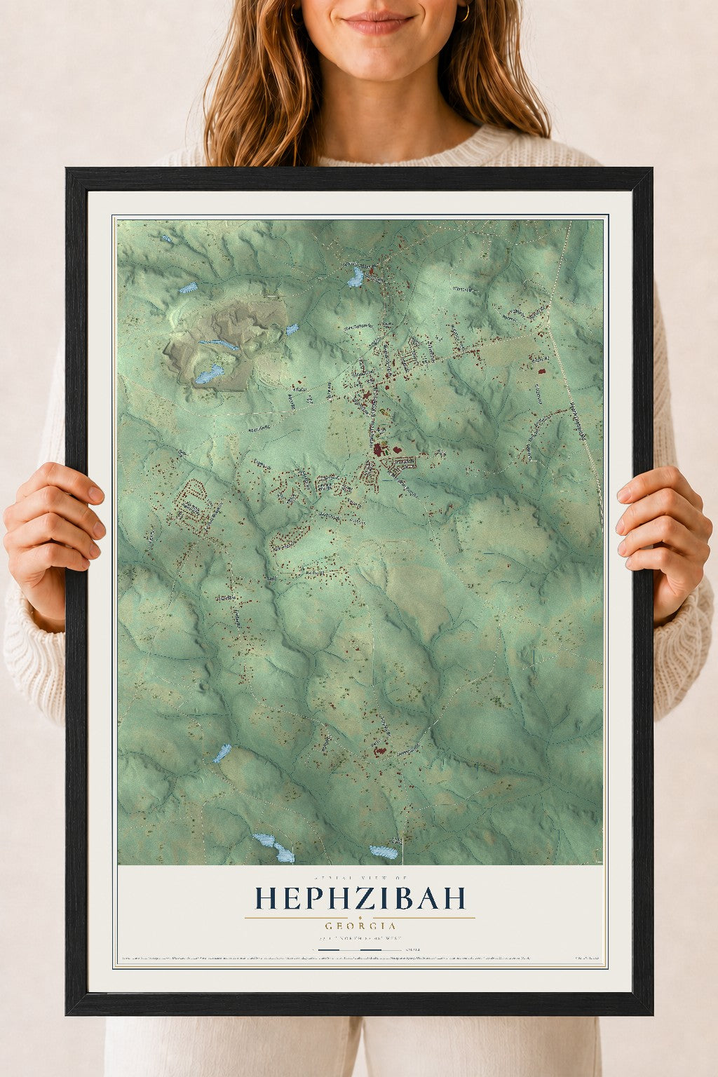 Hephzibah, Georgia map print, 18" x 24" W/ Black Ayous Wood Frame mockup