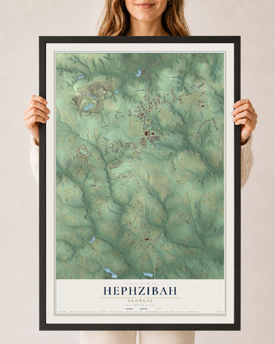 Hephzibah, Georgia map print, 24" x 36" W/ Black Ayous Wood Frame mockup