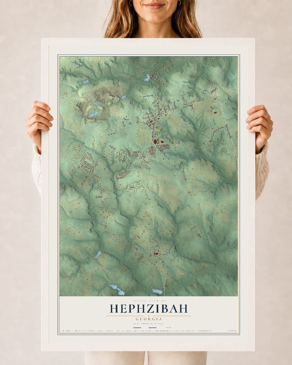 Hephzibah, Georgia map print, 24" x 36" W/ White Ayous Wood Frame mockup