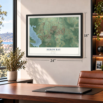 Heron Bay, Georgia map, 18 x 24 inch print in a black frame in a home office