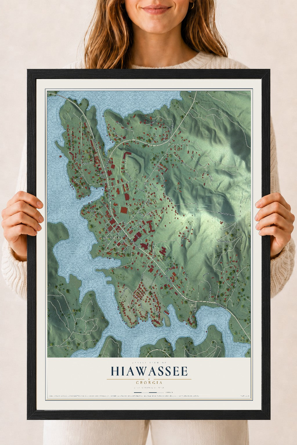Hiawassee, Georgia map print, 18" x 24" W/ Black Ayous Wood Frame mockup