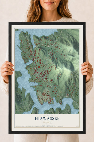 Hiawassee, Georgia map print, 18" x 24" W/ Black Ayous Wood Frame mockup