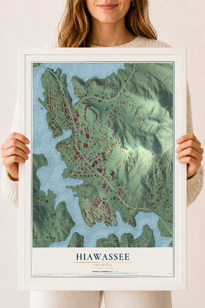 Hiawassee, Georgia map print, 18" x 24" W/ White Ayous Wood Frame mockup