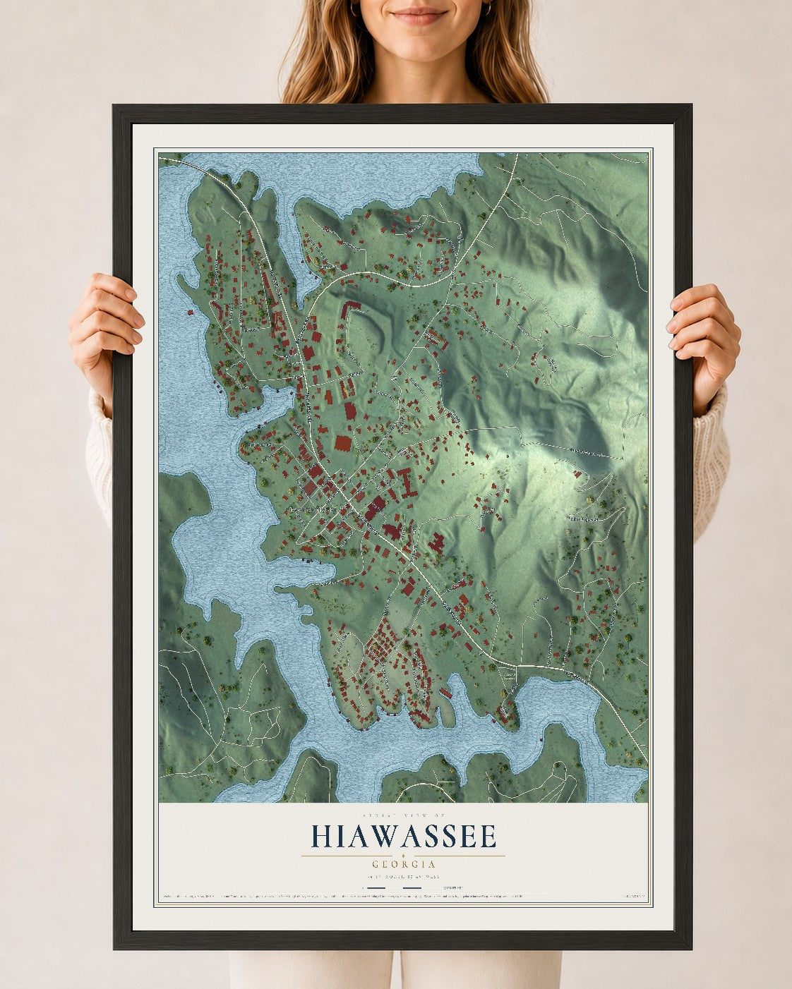 Hiawassee, Georgia map print, 24" x 36" W/ Black Ayous Wood Frame mockup