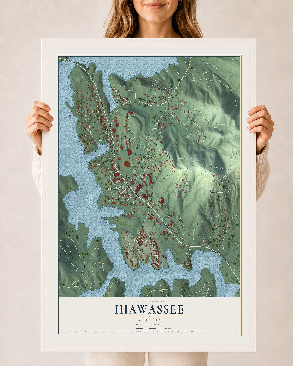 Hiawassee, Georgia map print, 24" x 36" W/ White Ayous Wood Frame mockup