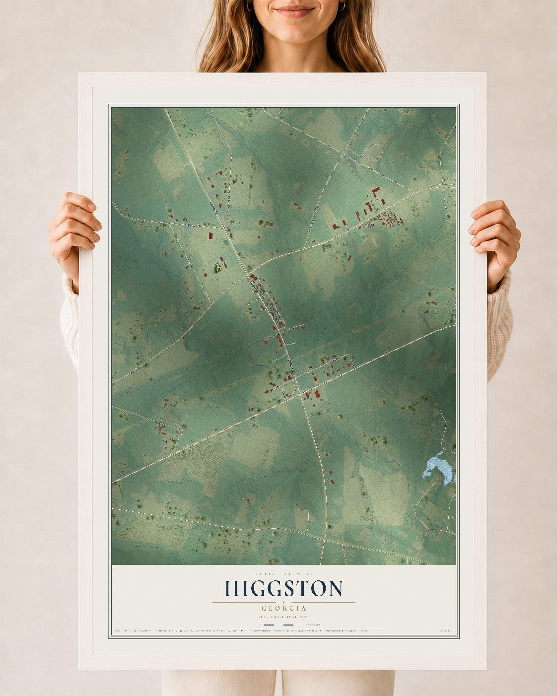 Higgston, Georgia map print, 24" x 36" W/ White Ayous Wood Frame mockup