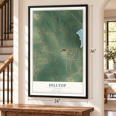 Hilltop, Georgia map, 24 x 36 inch print in a black frame by a staircase