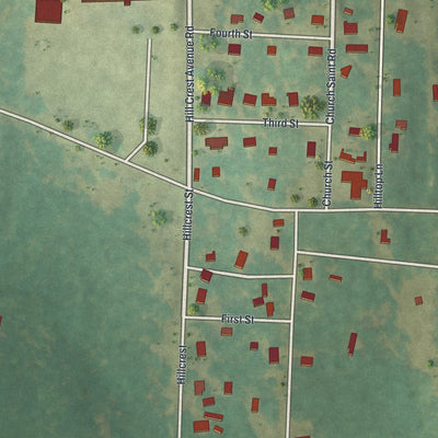 Close-up of the map of Hilltop, Georgia print showing street and building detail