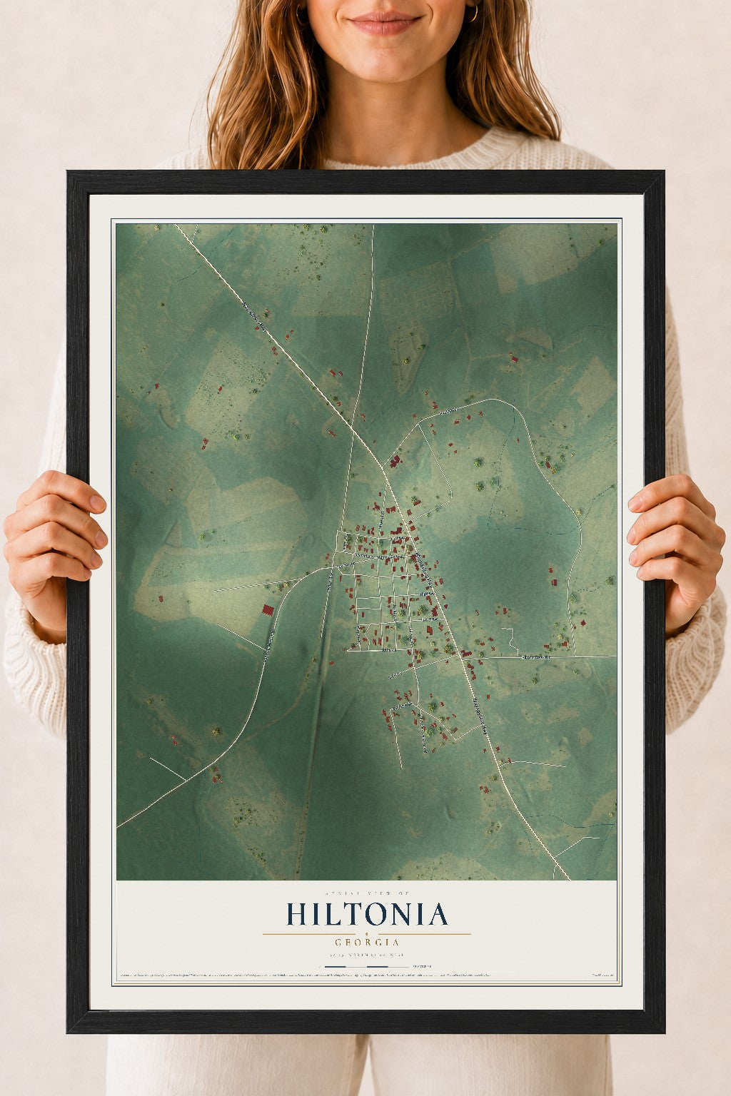 Hiltonia, Georgia map print, 18" x 24" W/ Black Ayous Wood Frame mockup