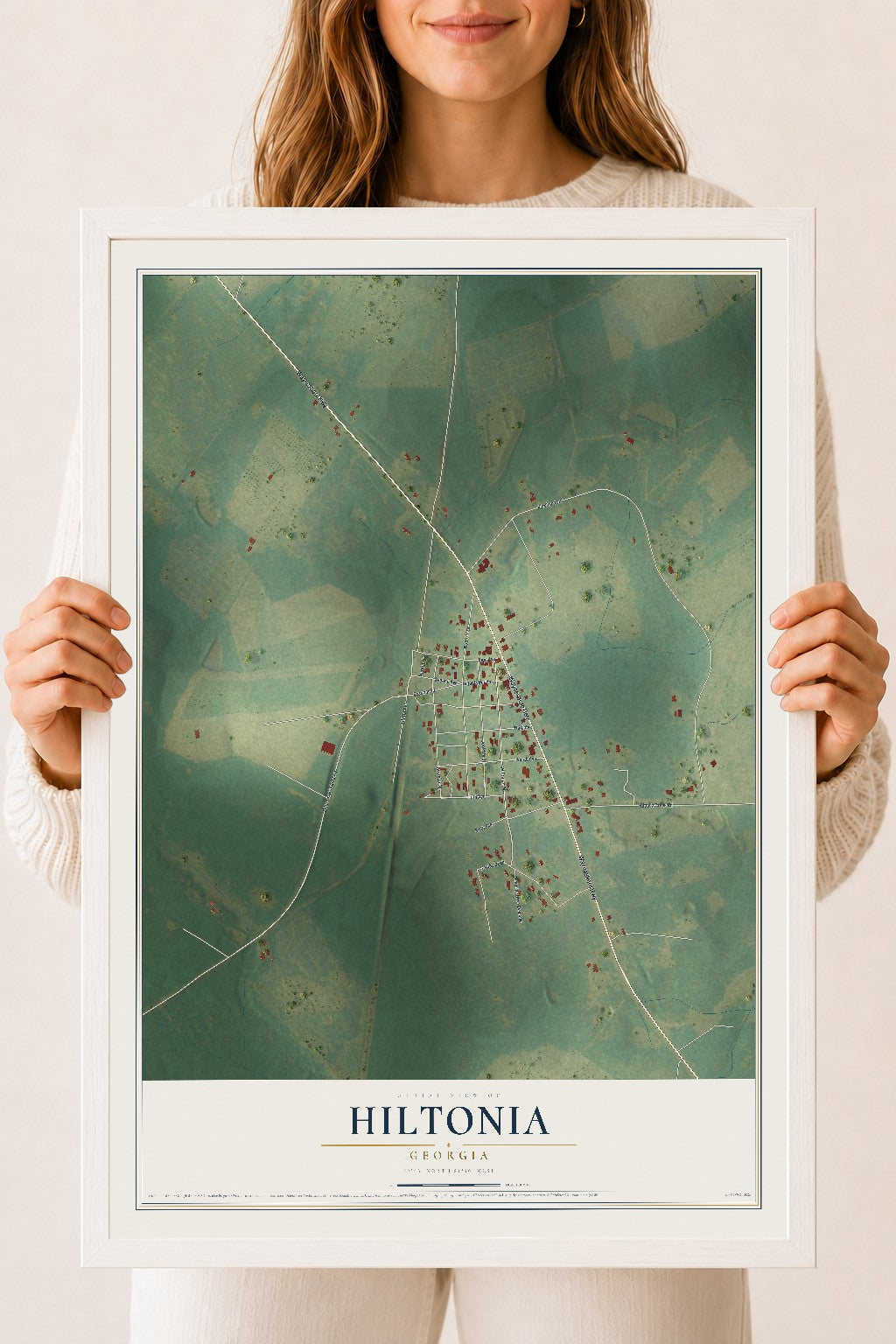 Hiltonia, Georgia map print, 18" x 24" W/ White Ayous Wood Frame mockup