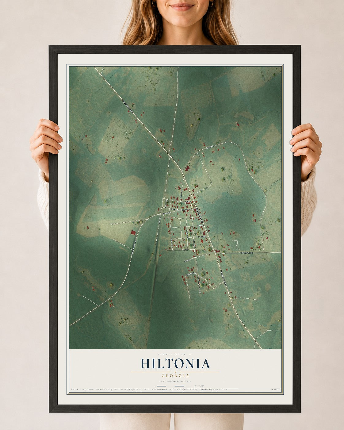 Hiltonia, Georgia map print, 24" x 36" W/ Black Ayous Wood Frame mockup