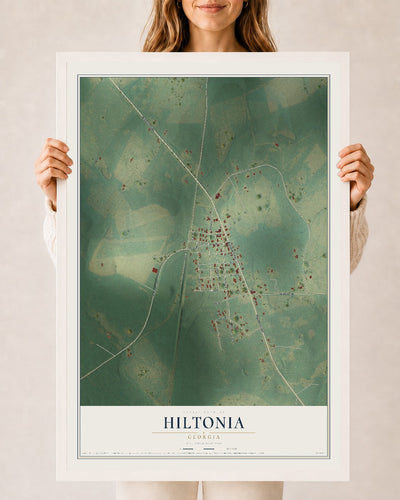 Hiltonia, Georgia map print, 24" x 36" W/ White Ayous Wood Frame mockup