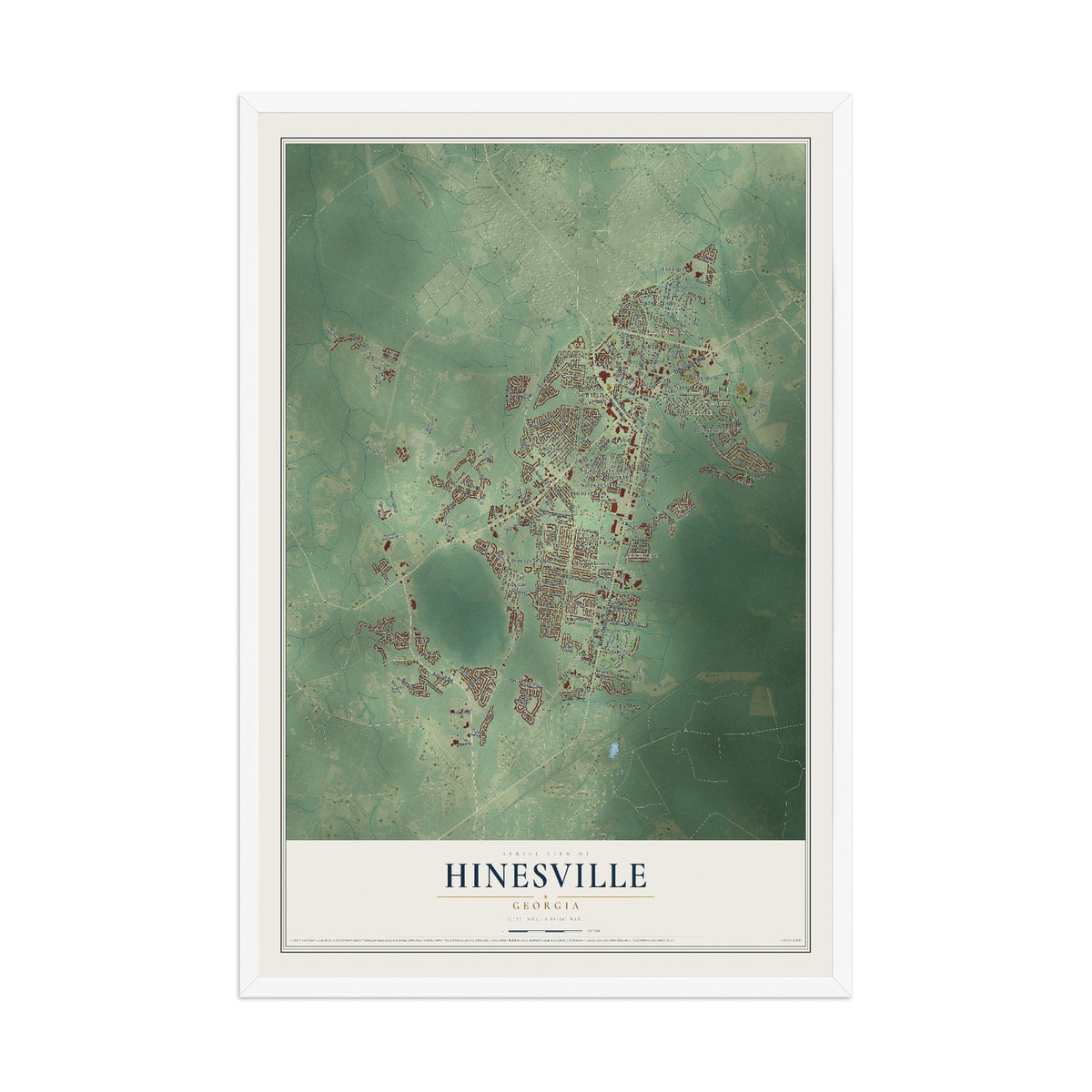 Hinesville, Georgia map print, 12" x 18" W/ White Ayous Wood Frame mockup