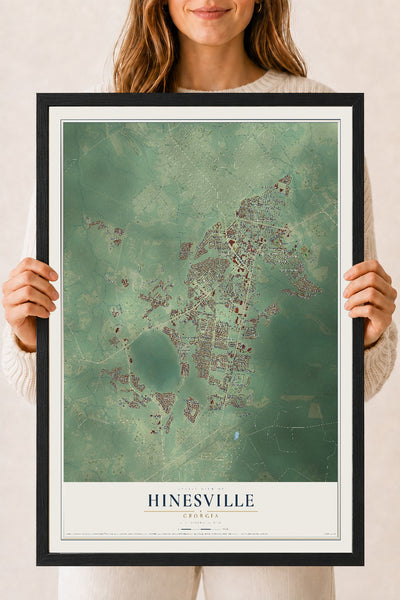 Hinesville, Georgia map print, 18" x 24" W/ Black Ayous Wood Frame mockup