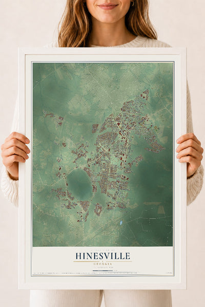 Hinesville, Georgia map print, 18" x 24" W/ White Ayous Wood Frame mockup