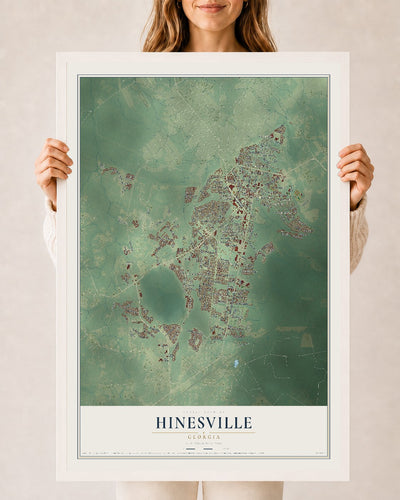 Hinesville, Georgia map print, 24" x 36" W/ White Ayous Wood Frame mockup