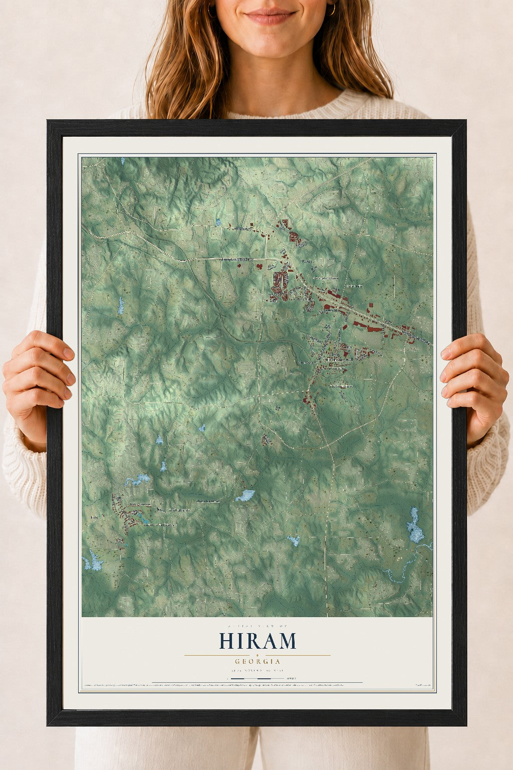 Hiram, Georgia map print, 18" x 24" W/ Black Ayous Wood Frame mockup