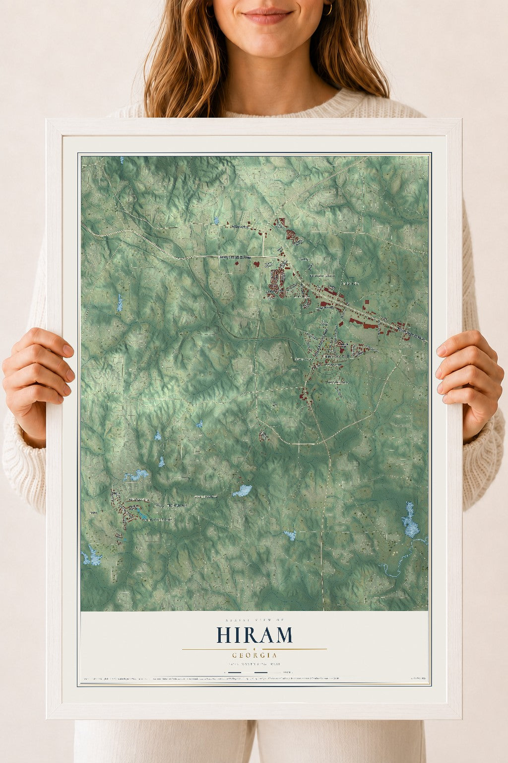 Hiram, Georgia map print, 18" x 24" W/ White Ayous Wood Frame mockup