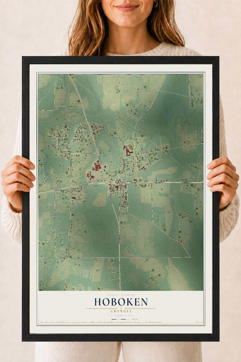 Hoboken, Georgia map print, 18" x 24" W/ Black Ayous Wood Frame mockup