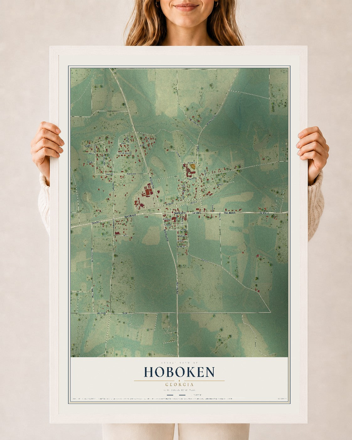 Hoboken, Georgia map print, 24" x 36" W/ White Ayous Wood Frame mockup