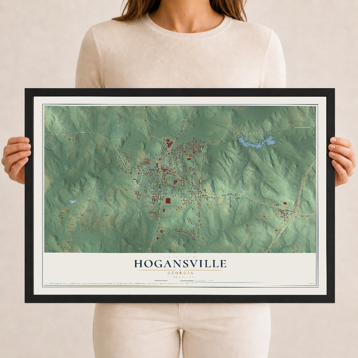 Hogansville, Georgia map print, 12" x 18" W/ Black Ayous Wood Frame mockup