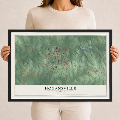 Hogansville, Georgia map print, 12" x 18" W/ Black Ayous Wood Frame mockup