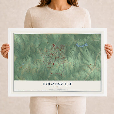 Hogansville, Georgia map print, 12" x 18" W/ White Ayous Wood Frame mockup