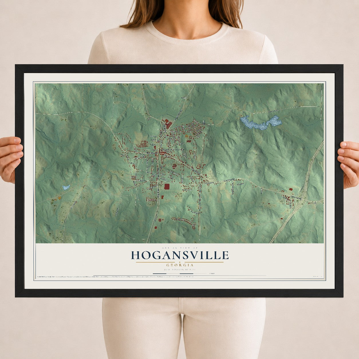 Hogansville, Georgia map print, 18" x 24" W/ Black Ayous Wood Frame mockup