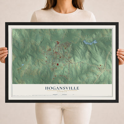 Hogansville, Georgia map print, 18" x 24" W/ Black Ayous Wood Frame mockup