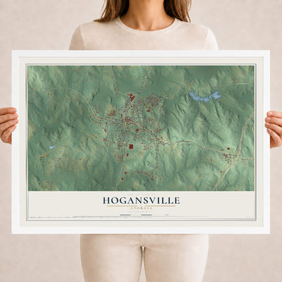 Hogansville, Georgia map print, 18" x 24" W/ White Ayous Wood Frame mockup
