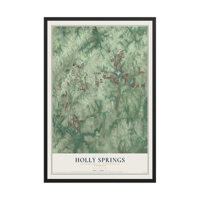 Holly Springs, Georgia map print, 12" x 18" W/ Black Ayous Wood Frame mockup