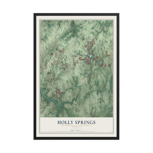 Map of Holly Springs, Georgia, 12 x 18 inch print in a black wood frame