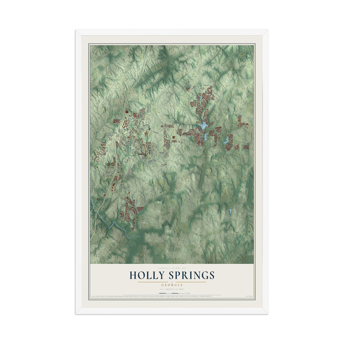 Holly Springs, Georgia map print, 12" x 18" W/ White Ayous Wood Frame mockup