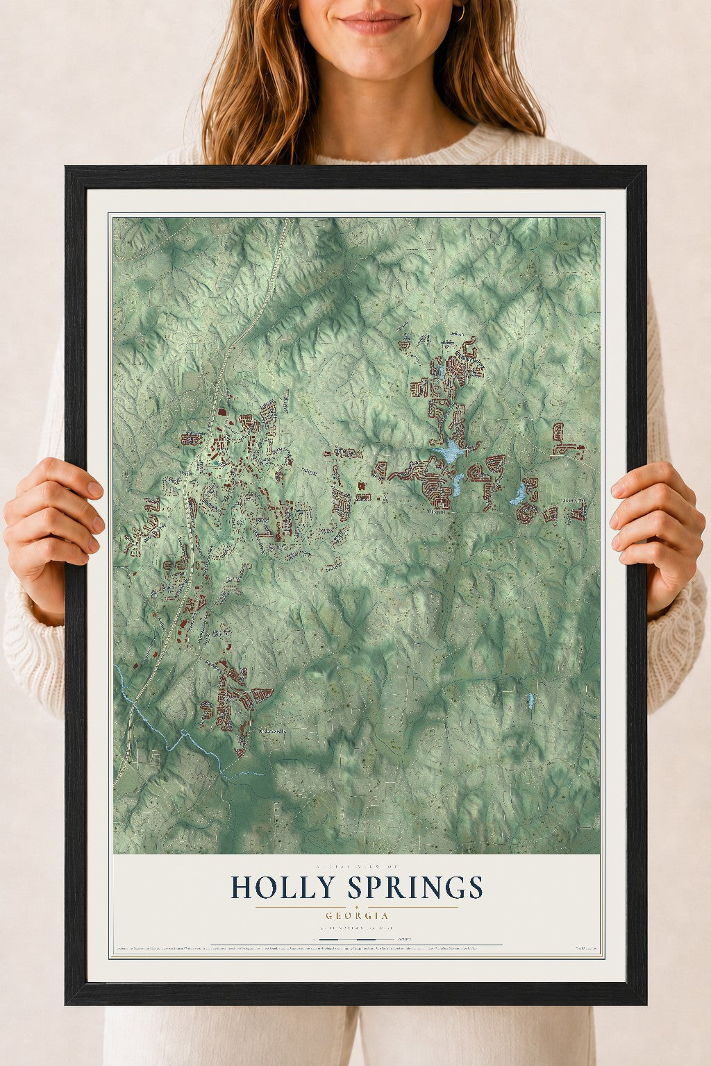 Holly Springs, Georgia map print, 18" x 24" W/ Black Ayous Wood Frame mockup