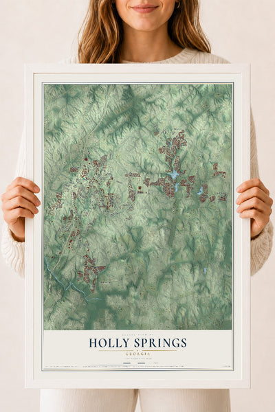Holly Springs, Georgia map print, 18" x 24" W/ White Ayous Wood Frame mockup