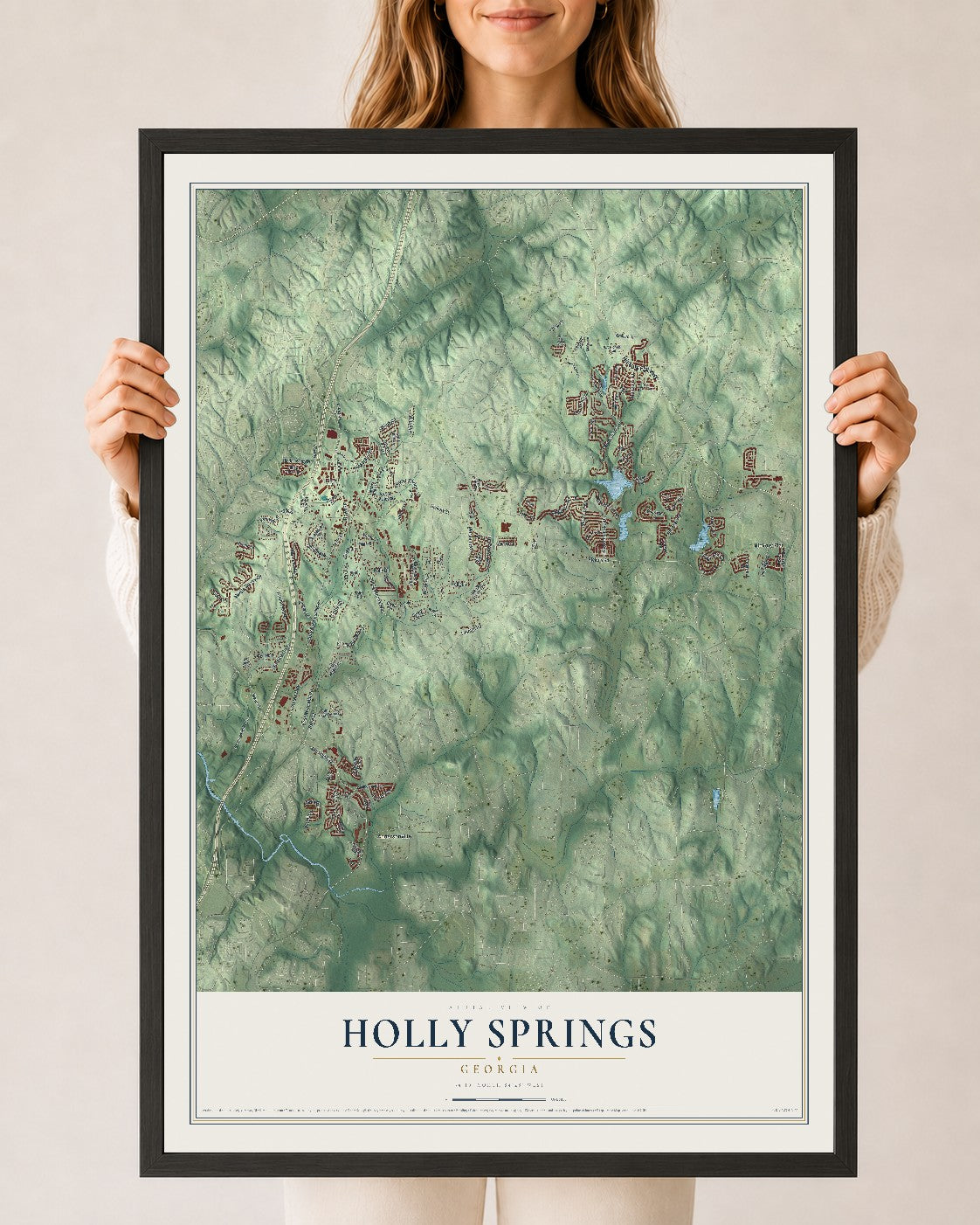 Holly Springs, Georgia map print, 24" x 36" W/ Black Ayous Wood Frame mockup